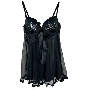 Victoria's Secret Black Sheer Sequin Bust Neglige 34B